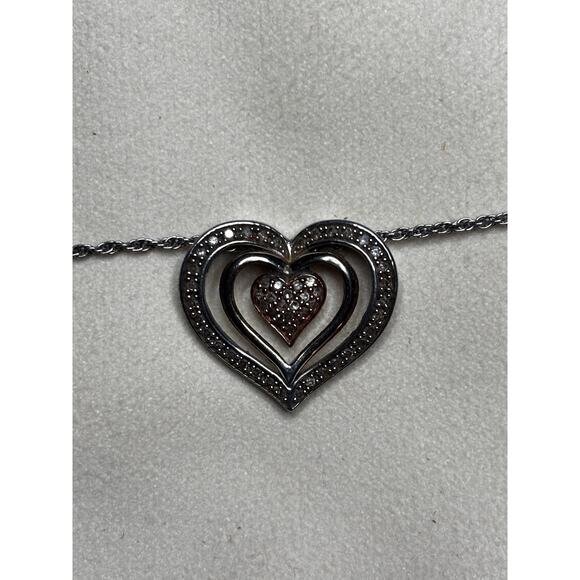 Vintage Sterling Silver Two Tone Diamond Accent Triple Heart Pendant Necklace - Picture 2 of 4